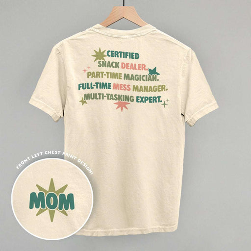 Multitasking Mom print tee in soft comfort colors with relaxed fit for everyday wear