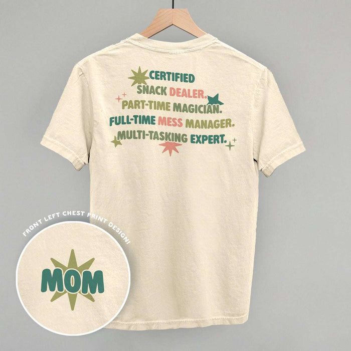Multitasking Mom print tee in soft comfort colors with relaxed fit for everyday wear