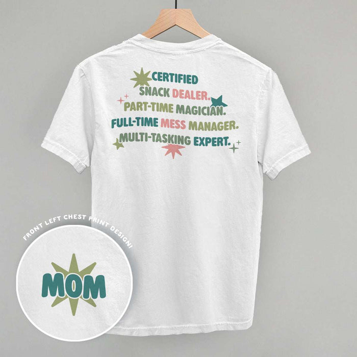 Woman wearing Multitasking Mom! Print Tee celebrating motherhood and multitasking