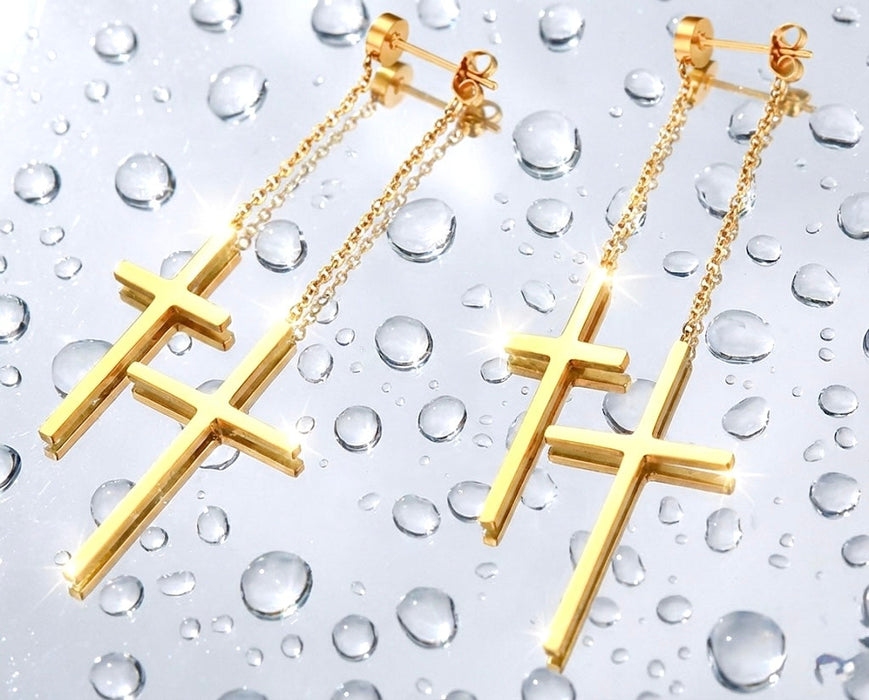 2 Cross Earrings Double Tassel and Chain Cross of Jesus