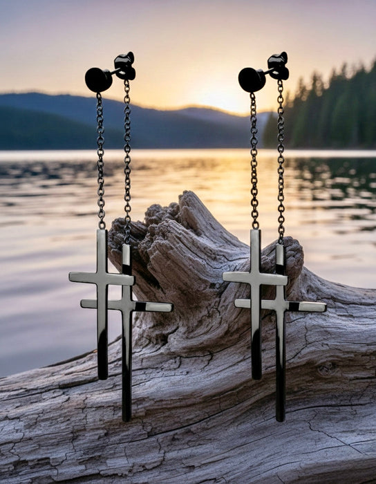 2 Cross Earrings Double Tassel and Chain Cross of Jesus