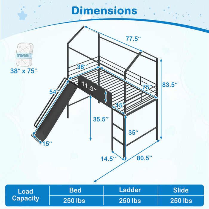 Kids Twin Size Loft Bed with Ladder and Slide