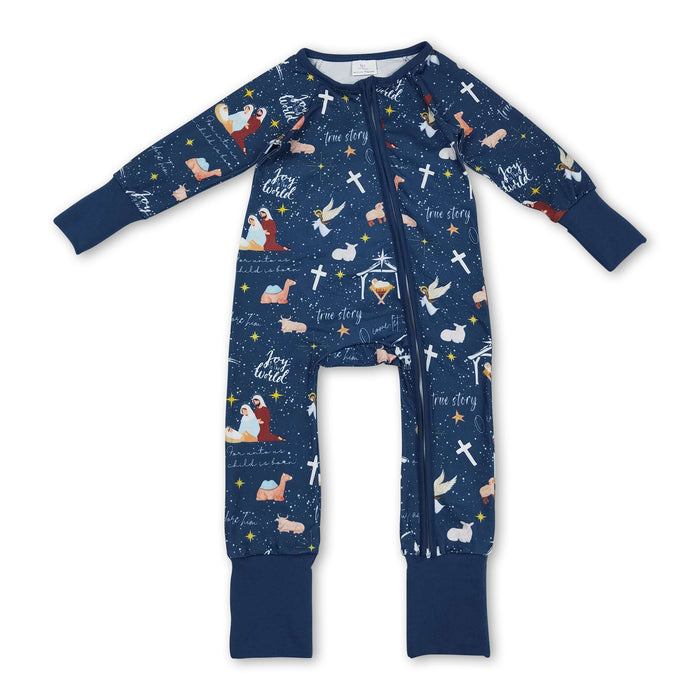 Blue Cross Nativity Christmas Zip Jumpsuit for Kids