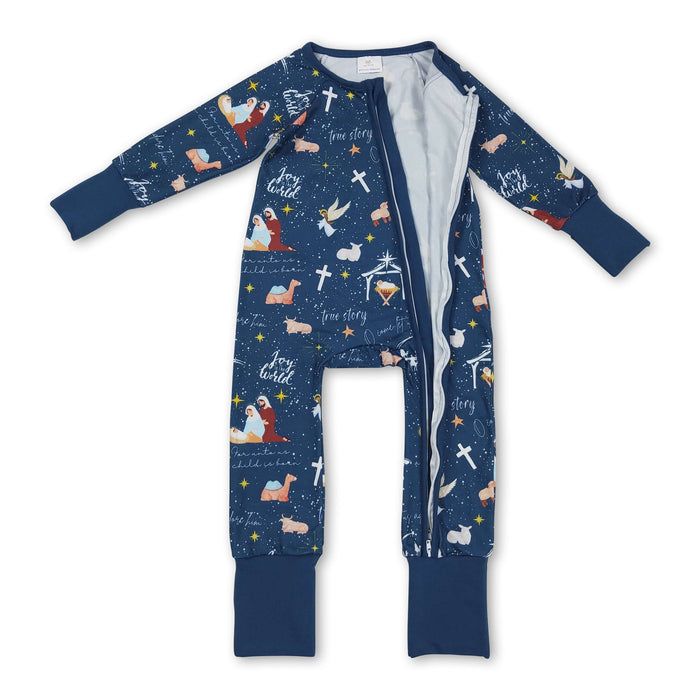 Blue Cross Nativity Christmas Zip Jumpsuit for Kids