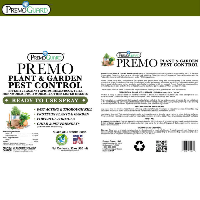 Plant and Garden Pest Control Spray - 32 oz | Plant Based Natural Non-Toxic | Premo Guard (C)
