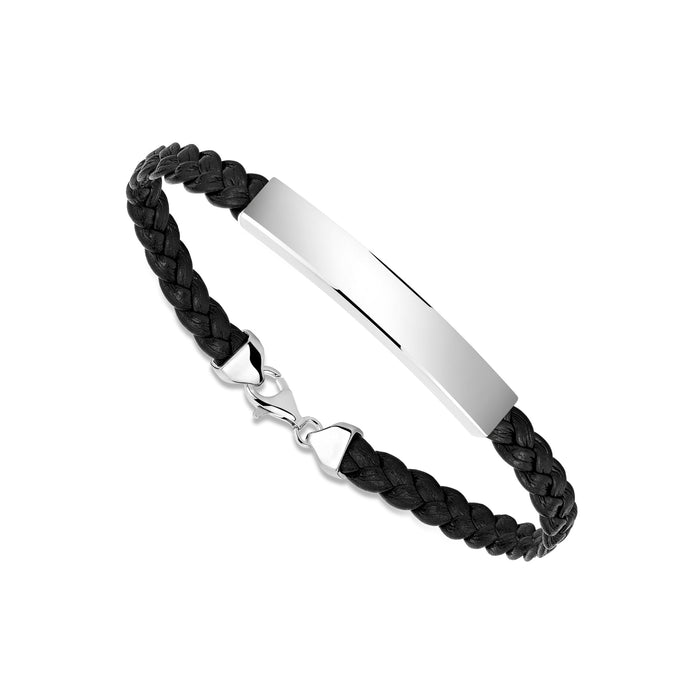 Sterling Silver 925 Men's ID Bracelet - Flat Braided Eco-Friendly Synthetic Leather Band - Engravable
