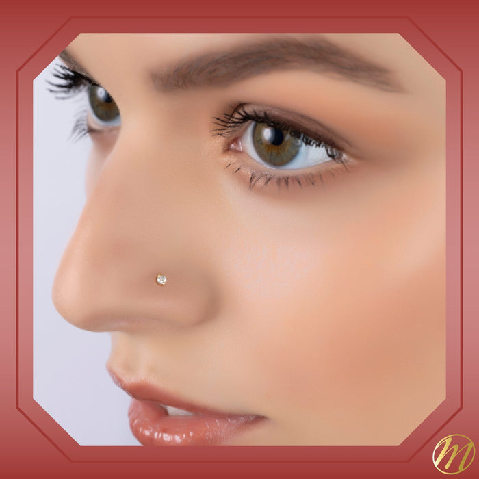 14k Yellow Gold Nose Stud with Simulated Diamond Brilliant CZ 20g - Hypoallergenic Threadless Body Piercing Jewelry
