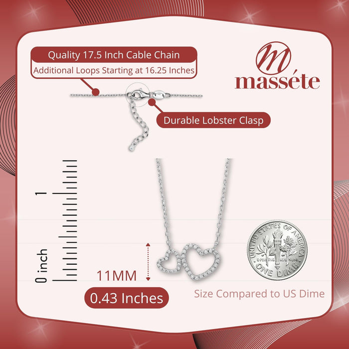 Sterling Silver Necklace Double Heart with Simulated Diamonds Pendant 17.5"