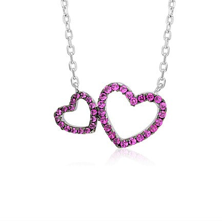 Sterling Silver Necklace Double Heart with Simulated Diamonds Pendant 17.5"