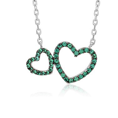 Sterling Silver Necklace Double Heart with Simulated Diamonds Pendant 17.5"