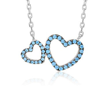 Sterling Silver Necklace Double Heart with Simulated Diamonds Pendant 17.5"
