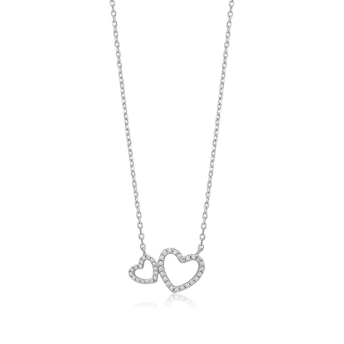 Sterling Silver Necklace Double Heart with Simulated Diamonds Pendant 17.5"