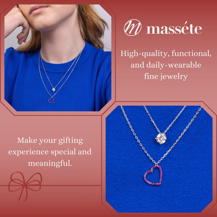 Sterling Silver Tilted Heart Necklace Pendant with Simulated Diamonds 17.5"