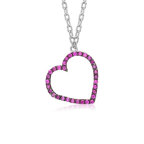 Sterling Silver Tilted Heart Necklace Pendant with Simulated Diamonds 17.5"