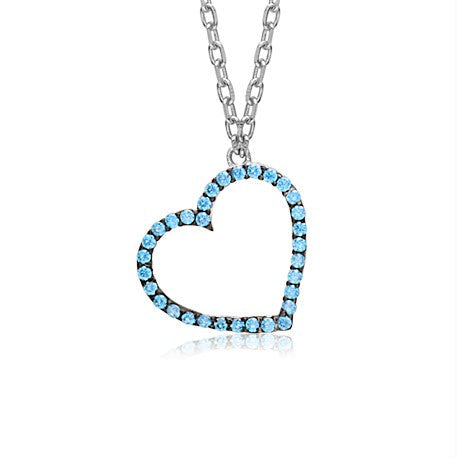 Sterling Silver Tilted Heart Necklace Pendant with Simulated Diamonds 17.5"