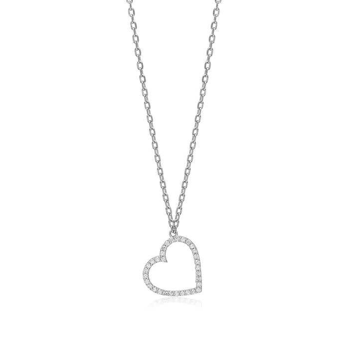 Sterling Silver Tilted Heart Necklace Pendant with Simulated Diamonds 17.5"