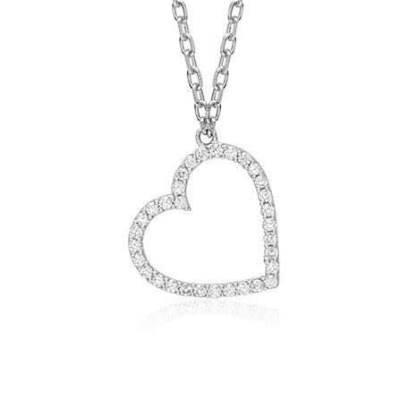 Sterling Silver Tilted Heart Necklace Pendant with Simulated Diamonds 17.5"