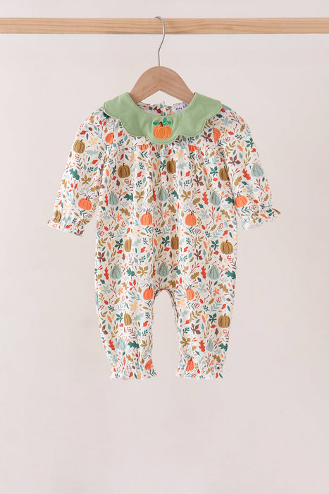Childs Fall Pumpkin Embroidery Leaves Romper