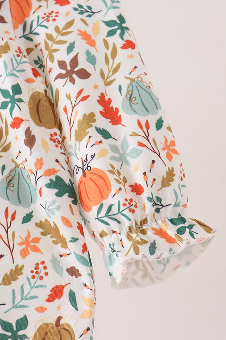 Childs Fall Pumpkin Embroidery Leaves Romper