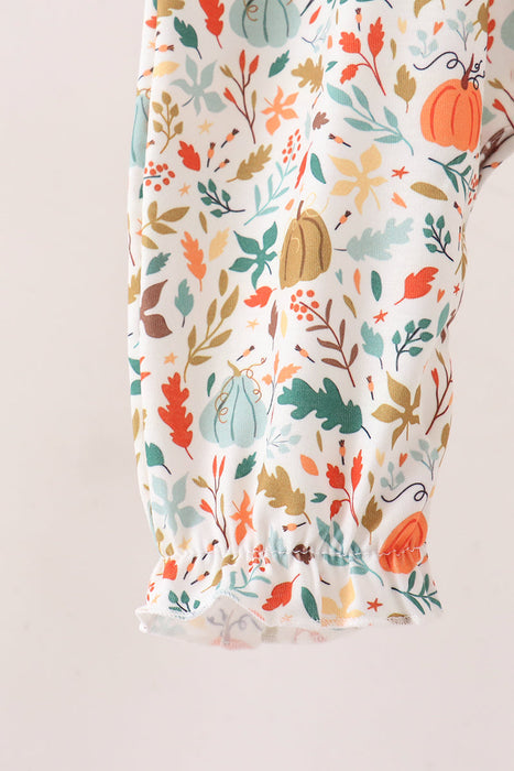 Childs Fall Pumpkin Embroidery Leaves Romper