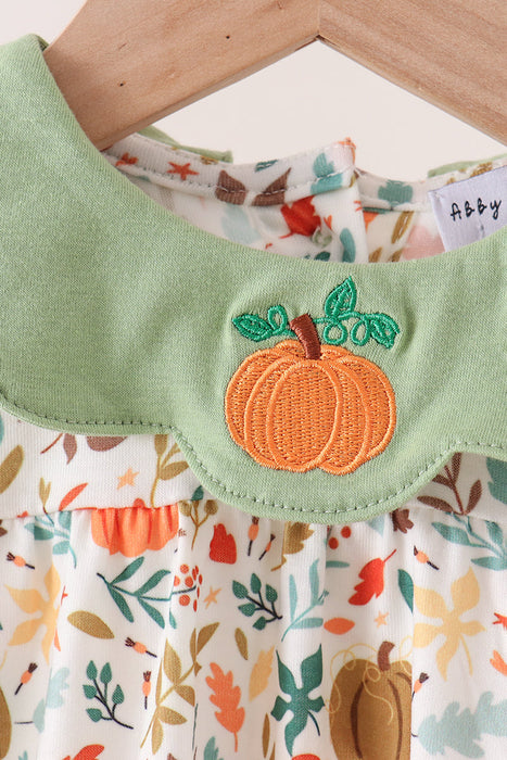 Childs Fall Pumpkin Embroidery Leaves Romper