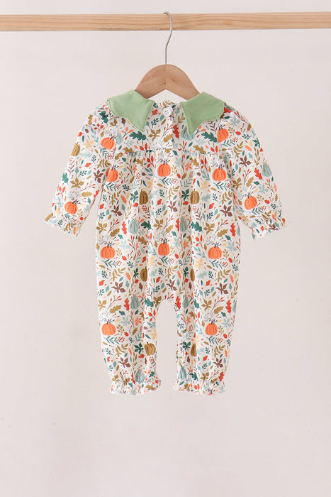 Childs Fall Pumpkin Embroidery Leaves Romper