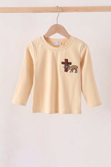 Kids Khaki Cross Deer Embroidery Shirt