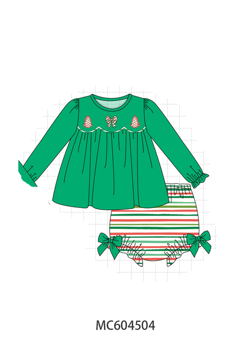 Green Christmas Tree and Bow Striped Bloomer Set