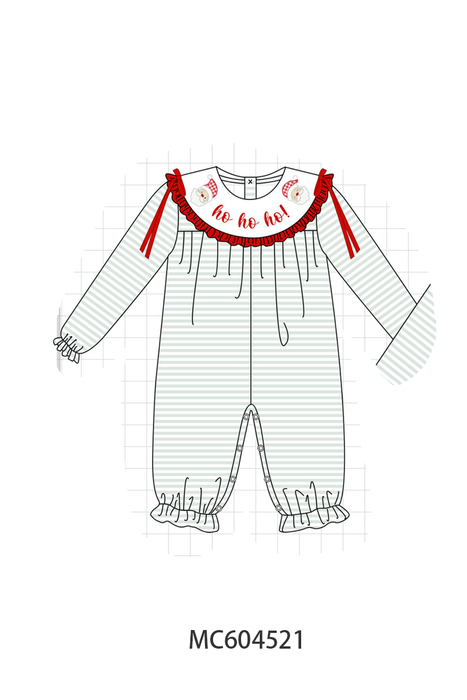 Sage Santa Applique Striped Romper