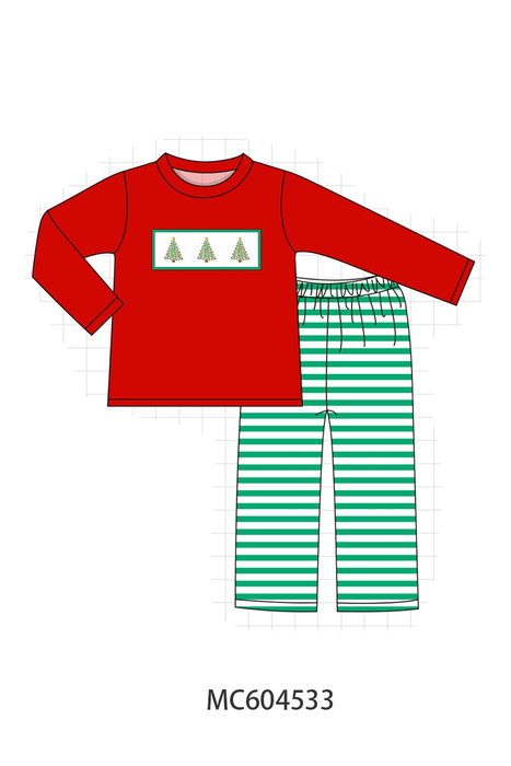 Red Christmas Tree Embroidery Striped Pants Set