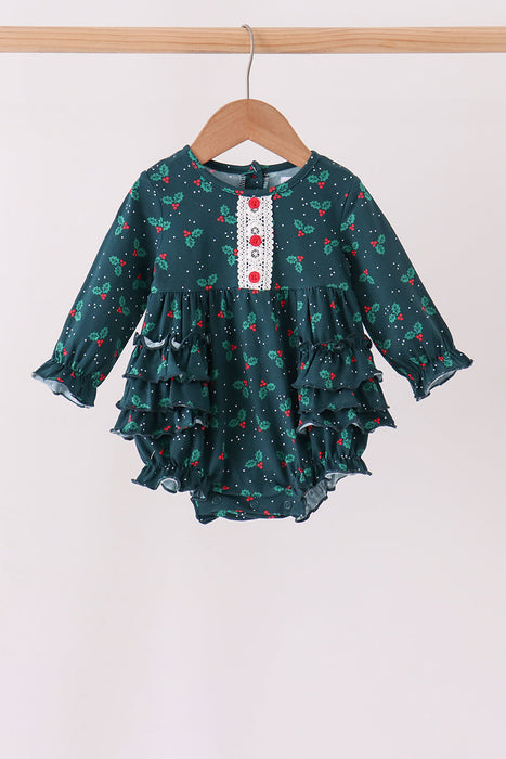 Forest Holly Lace Ruffle Bubble Romper