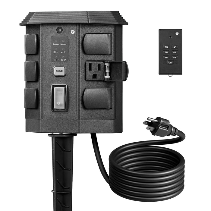 Outdoor Power Stake Timer w/ Remote, 6FT Cord, 6 Outlets