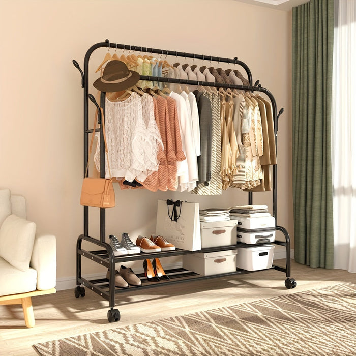 Heavy-Duty Double Rod Clothes Rack with Storage Shelves & Wheels