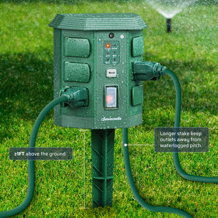 Outdoor Power Stake Timer w/ Remote, 6FT Cord, 6 Outlets