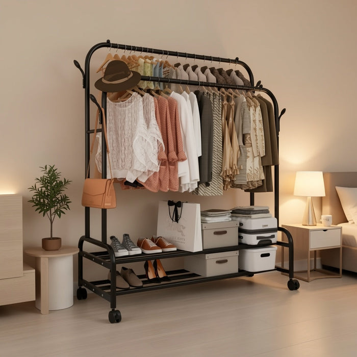 Heavy-Duty Double Rod Clothes Rack with Storage Shelves & Wheels
