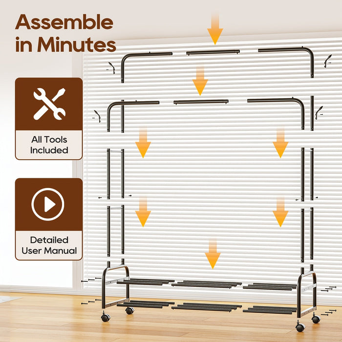 Heavy-Duty Double Rod Clothes Rack with Storage Shelves & Wheels