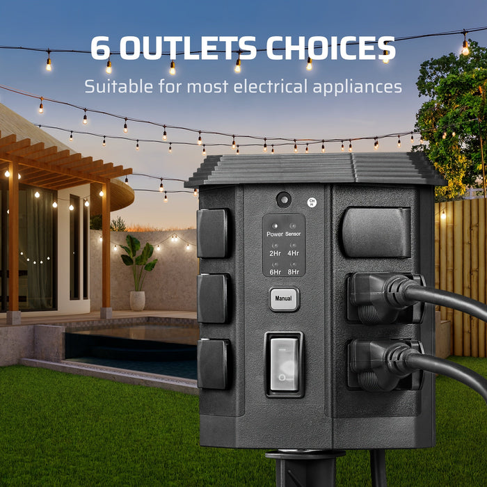 Outdoor Power Stake Timer w/ Remote, 6FT Cord, 6 Outlets