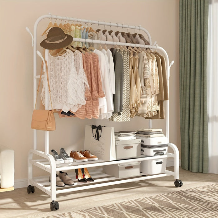 Heavy-Duty Double Rod Clothes Rack with Storage Shelves & Wheels
