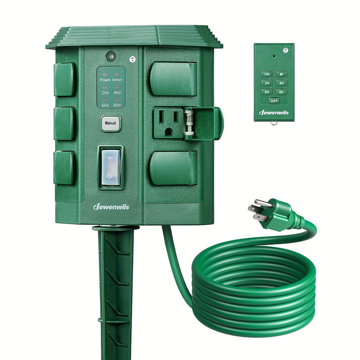 Outdoor Power Stake Timer w/ Remote, 6FT Cord, 6 Outlets