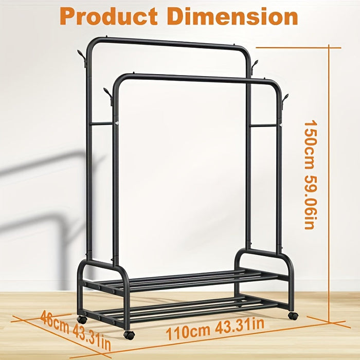 Heavy-Duty Double Rod Clothes Rack with Storage Shelves & Wheels