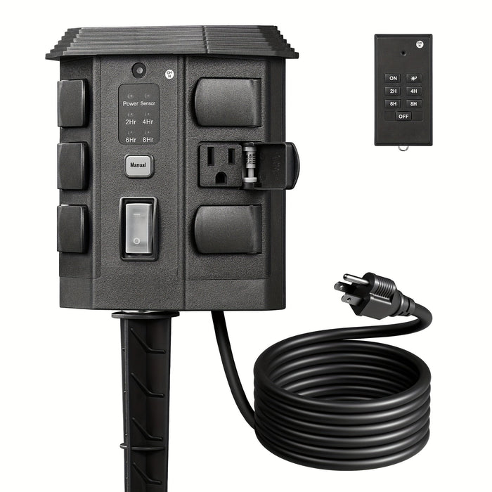 Outdoor Power Stake Timer w/ Remote, 6FT Cord, 6 Outlets