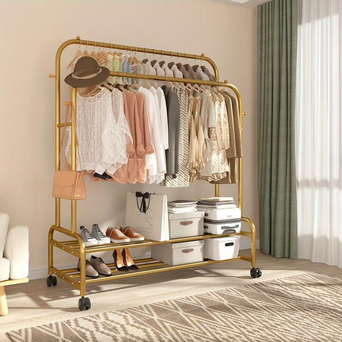 Heavy-Duty Double Rod Clothes Rack with Storage Shelves & Wheels