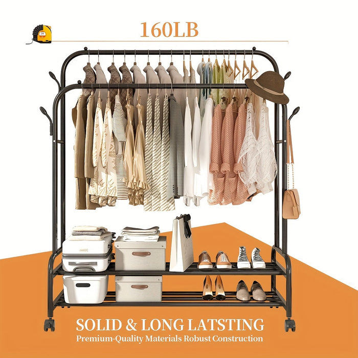Heavy-Duty Double Rod Clothes Rack with Storage Shelves & Wheels