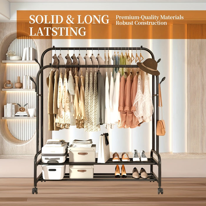 Heavy-Duty Double Rod Clothes Rack with Storage Shelves & Wheels