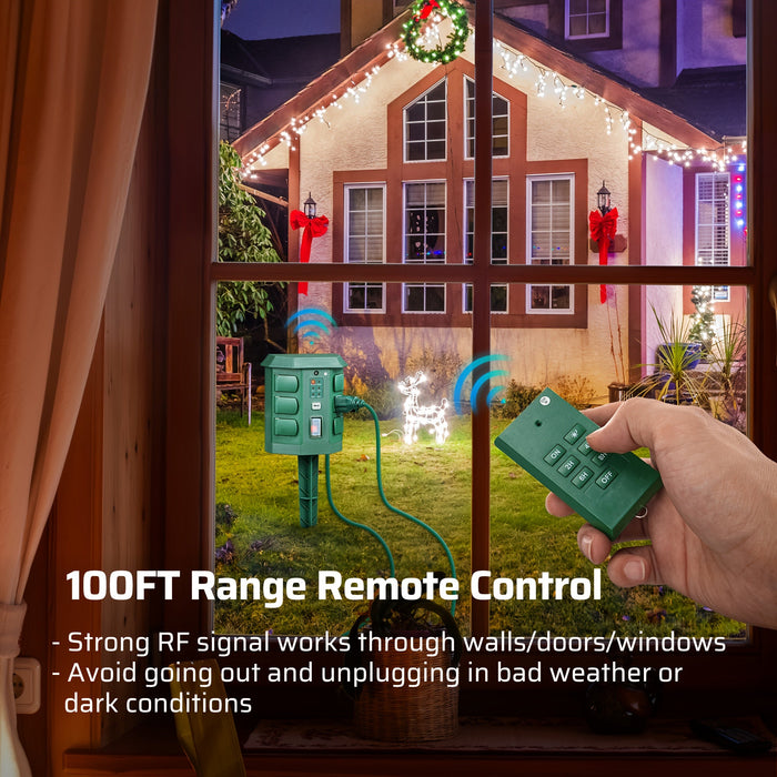 Outdoor Power Stake Timer w/ Remote, 6FT Cord, 6 Outlets