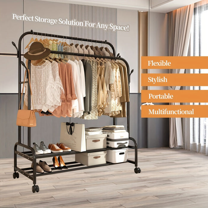Heavy-Duty Double Rod Clothes Rack with Storage Shelves & Wheels