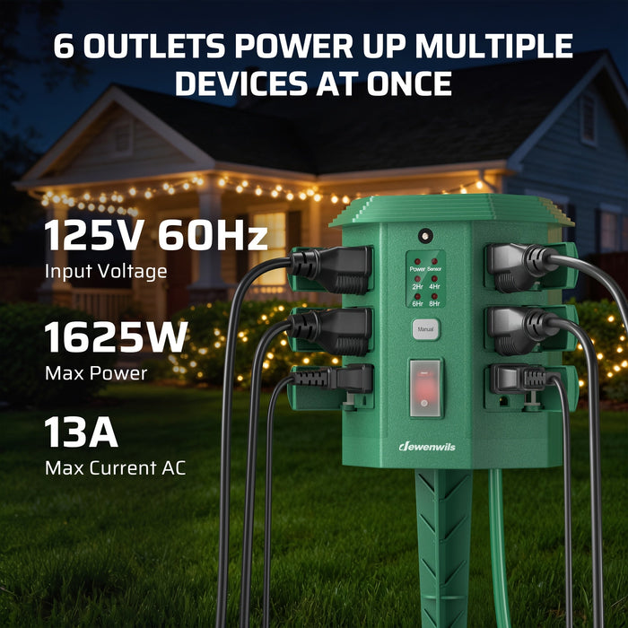 Outdoor Power Stake Timer w/ Remote, 6FT Cord, 6 Outlets