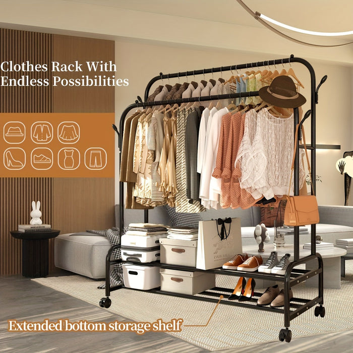 Heavy-Duty Double Rod Clothes Rack with Storage Shelves & Wheels