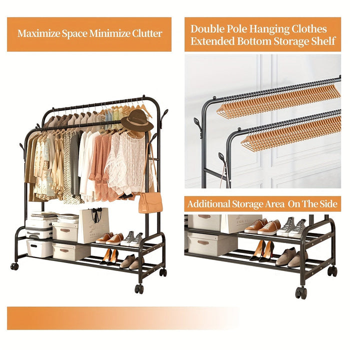 Heavy-Duty Double Rod Clothes Rack with Storage Shelves & Wheels