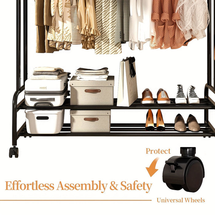 Heavy-Duty Double Rod Clothes Rack with Storage Shelves & Wheels